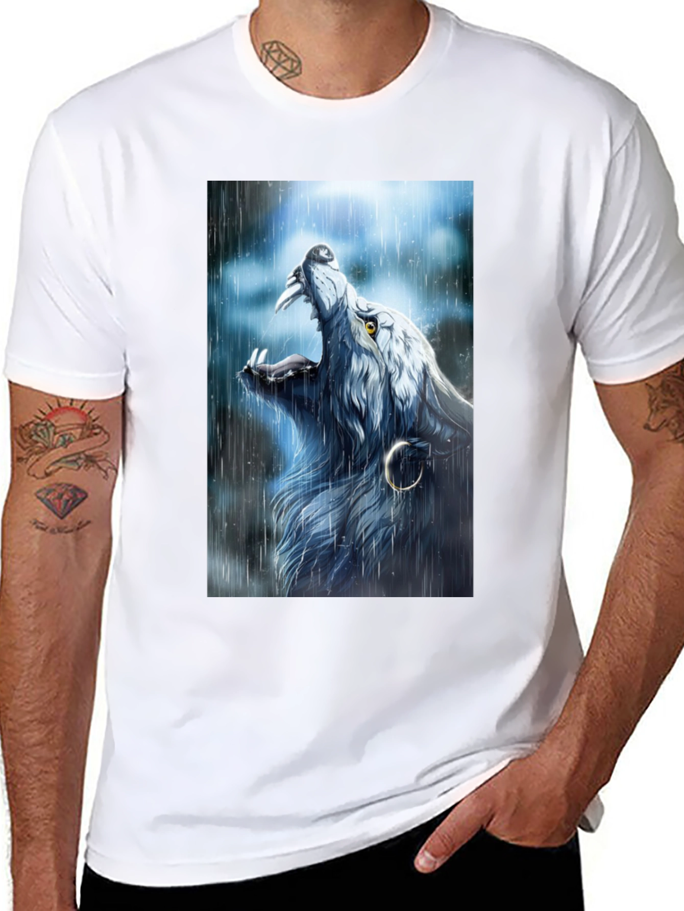 Black Wolf Howling in Rain Graphic Black T-Shirt view 8