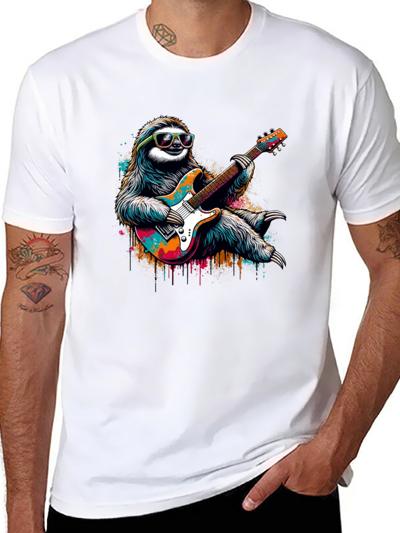 Black Cool Sloth Guitar Player Graphic Tee - Black view 8