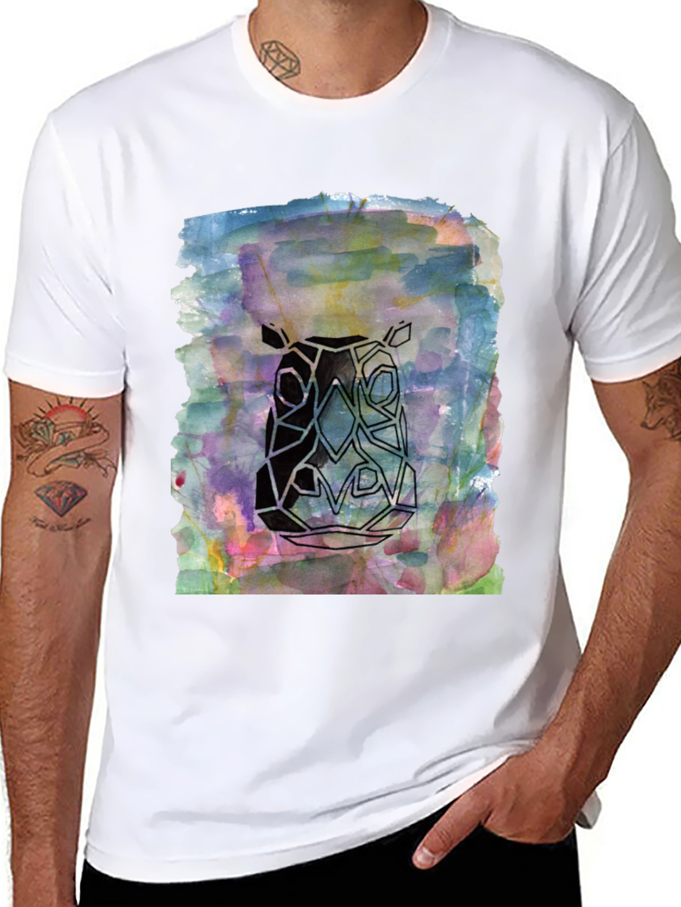 Black Abstract Rhino Graphic Tee - Men's Black T-Shirt view 8