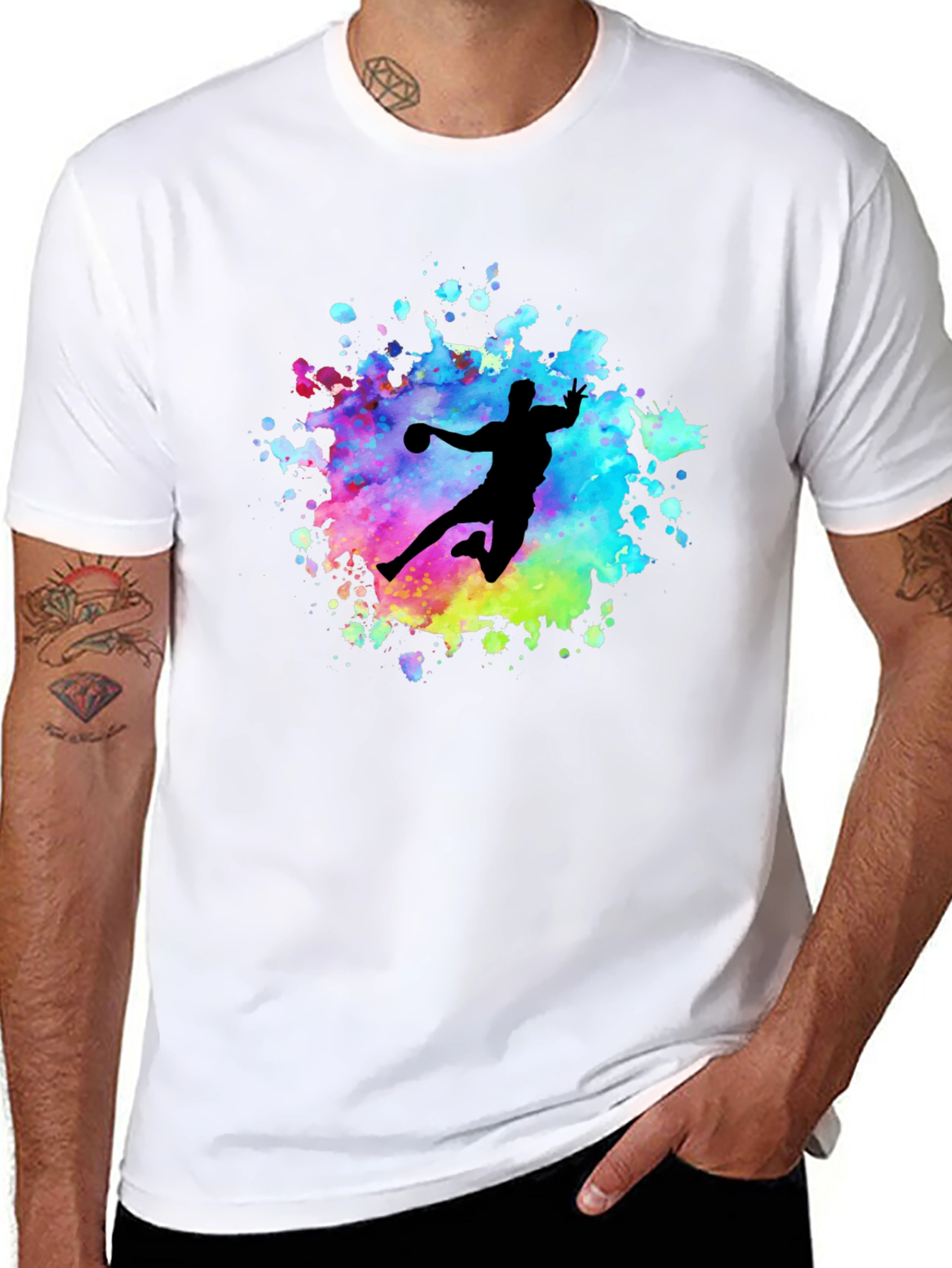 Black Watercolor Handball Player T-Shirt - Black view 8