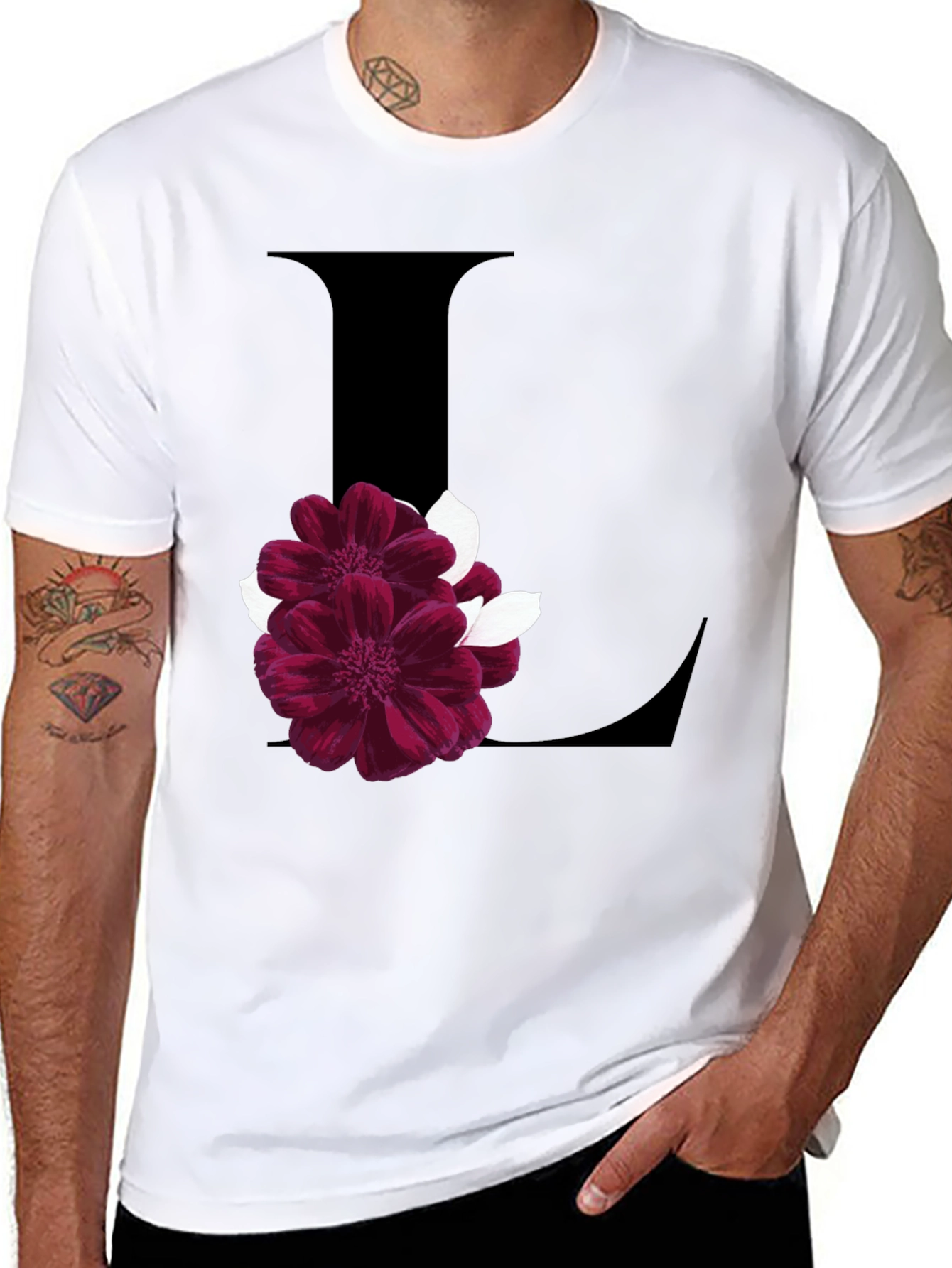 Black Floral Letter L Black T-Shirt view 8