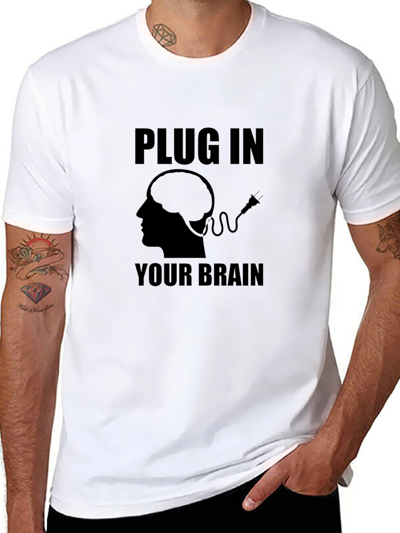 Black Plug In Your Brain Graphic T-Shirt - Unique Design view 8