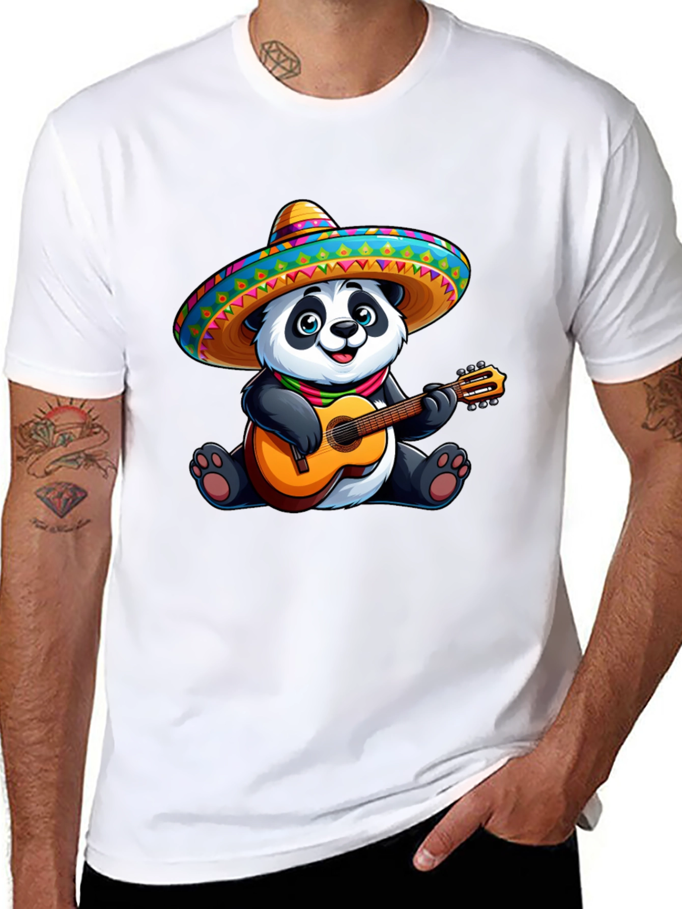 Black Panda Guitarist Graphic Tee - Black Cotton T-Shirt view 8