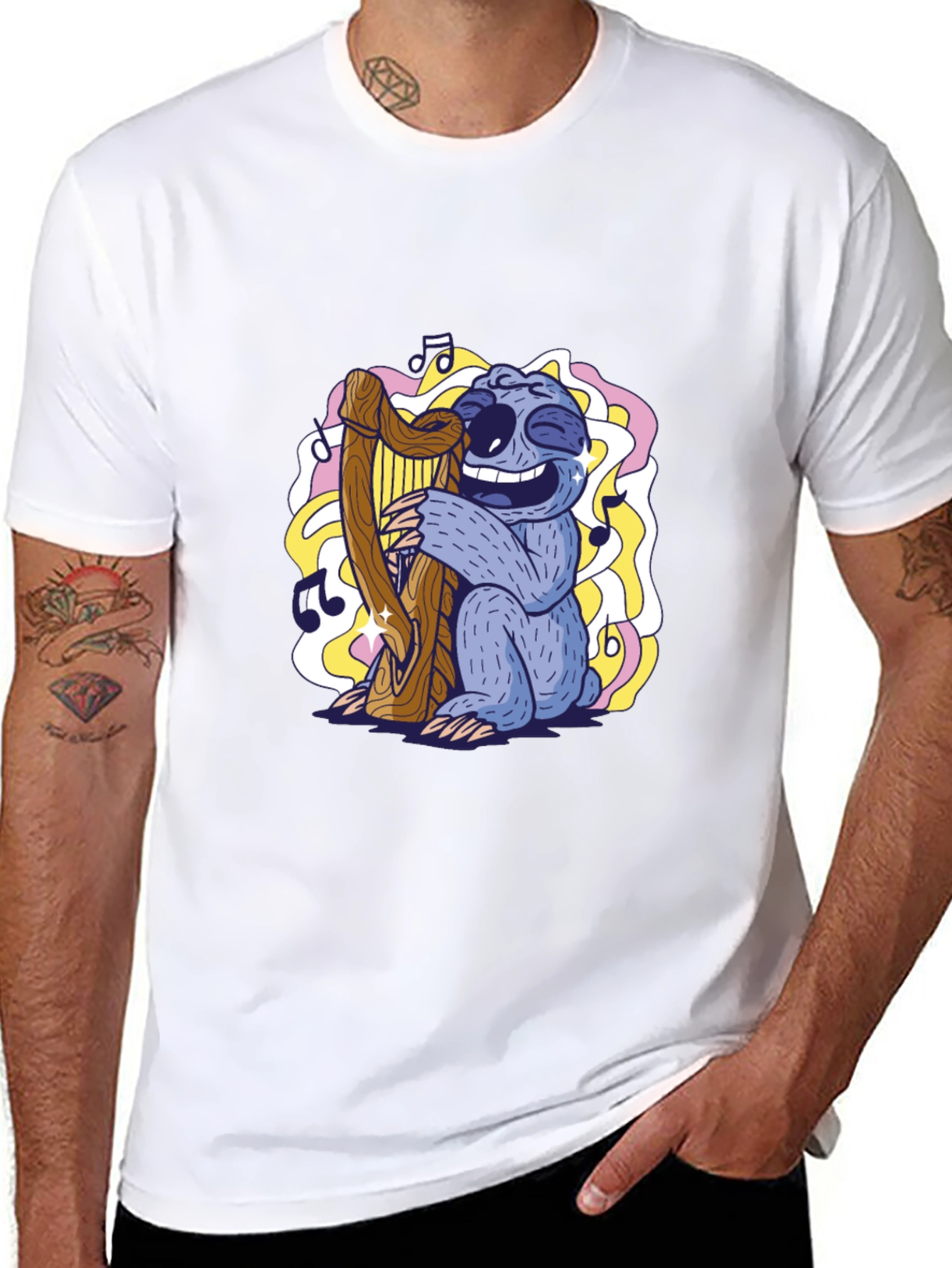 Black Sloth Harpist Graphic Tee - Fun Music Lover's Shirt view 8