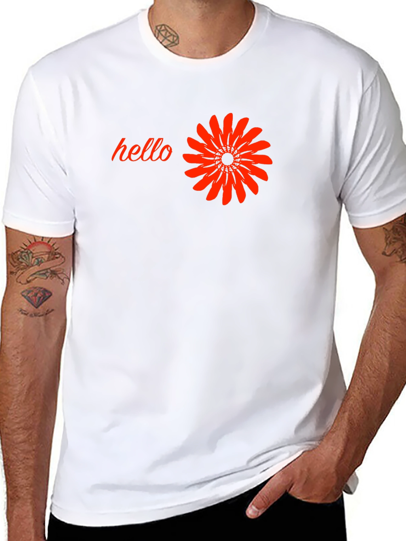 Black Black T-Shirt with 'Hello' and Flower Design view 8