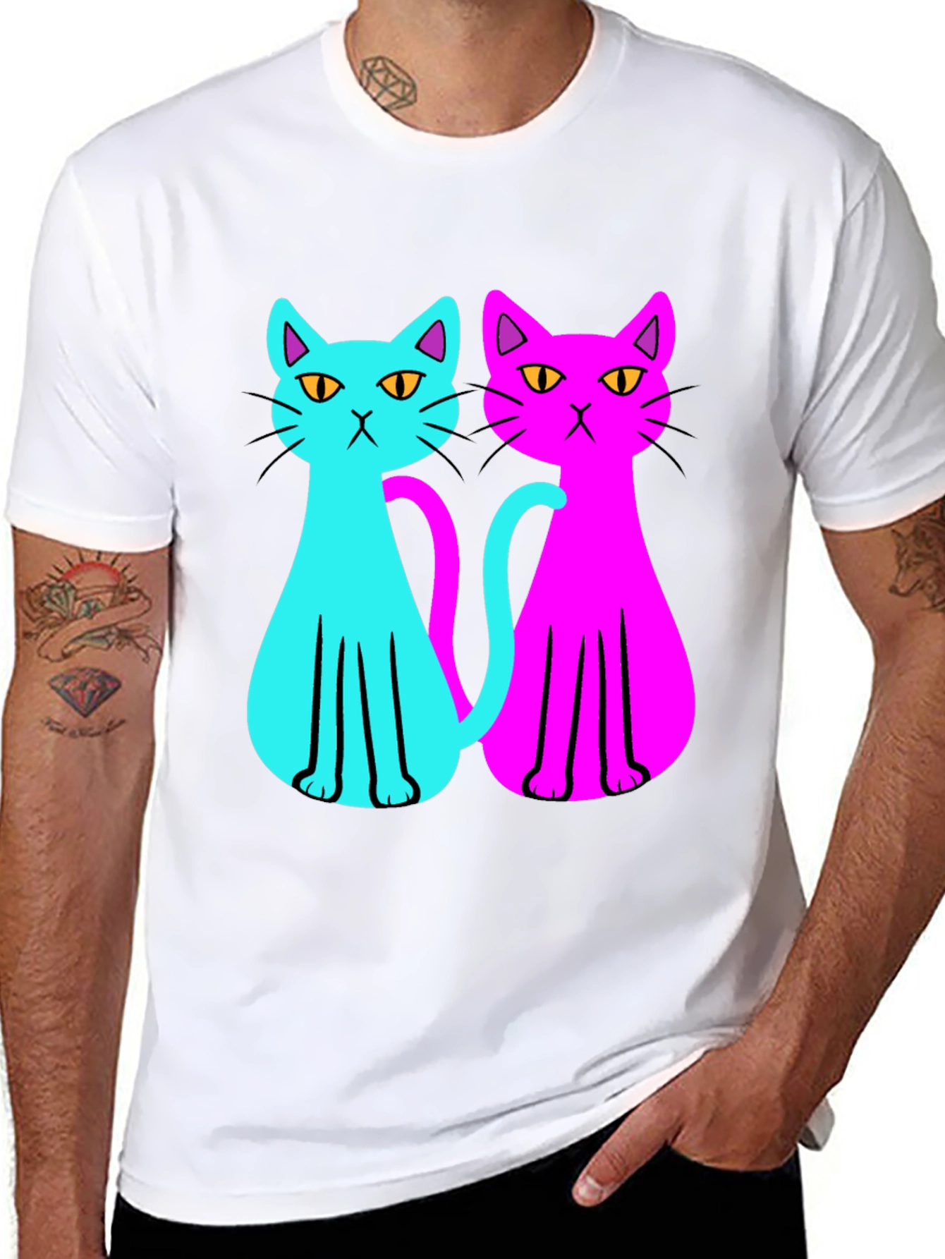 Black Cool Cat Tee: Neon Style view 8