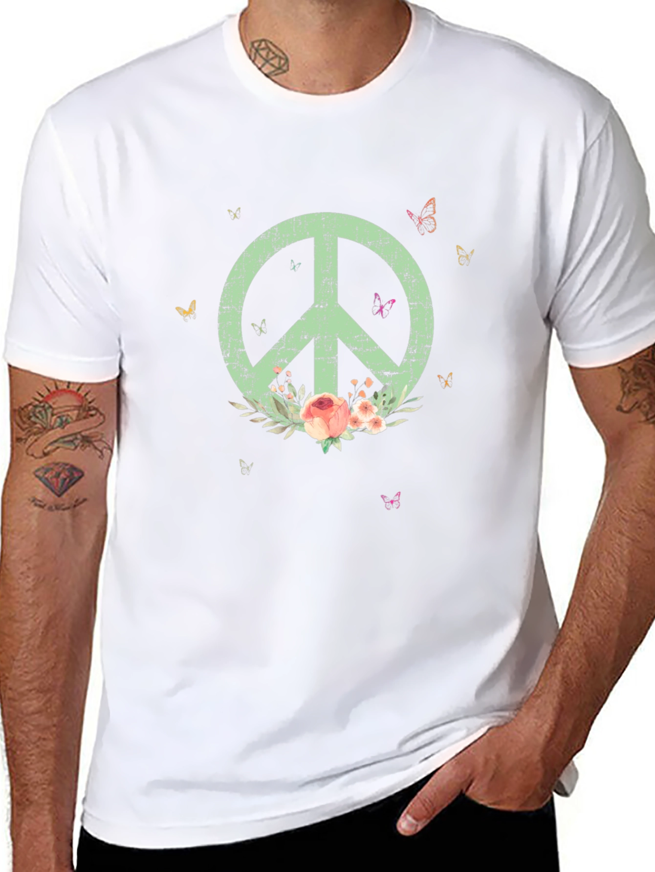 Black Peace Sign T-Shirt with Floral Accents - Stylish & Unique view 8