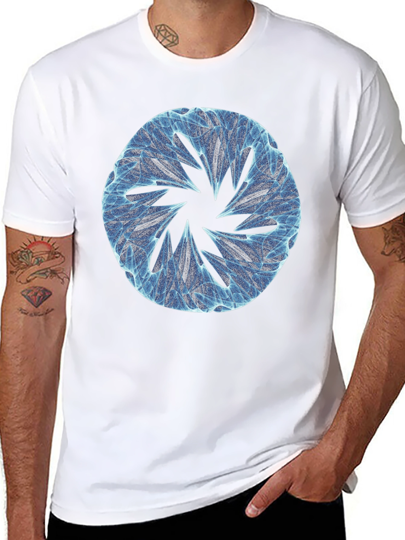 Black Abstract Blue Circular Design Black T-Shirt view 8