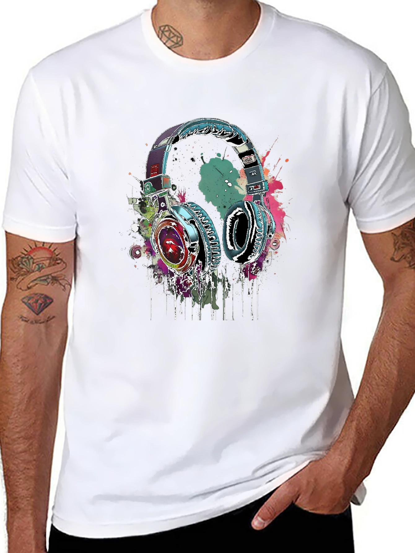Black Vibrant Headphones Graphic Black T-Shirt view 8