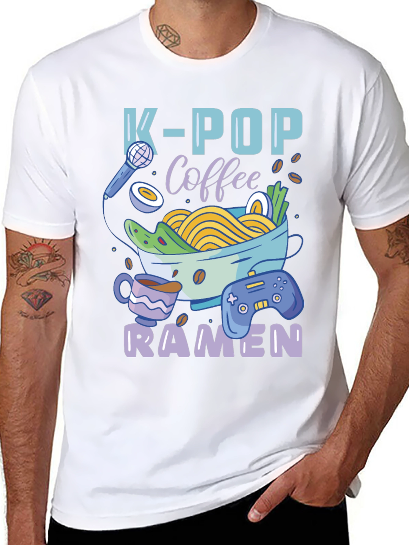 Black K-POP Coffee Ramen Gamer Graphic T-Shirt view 8