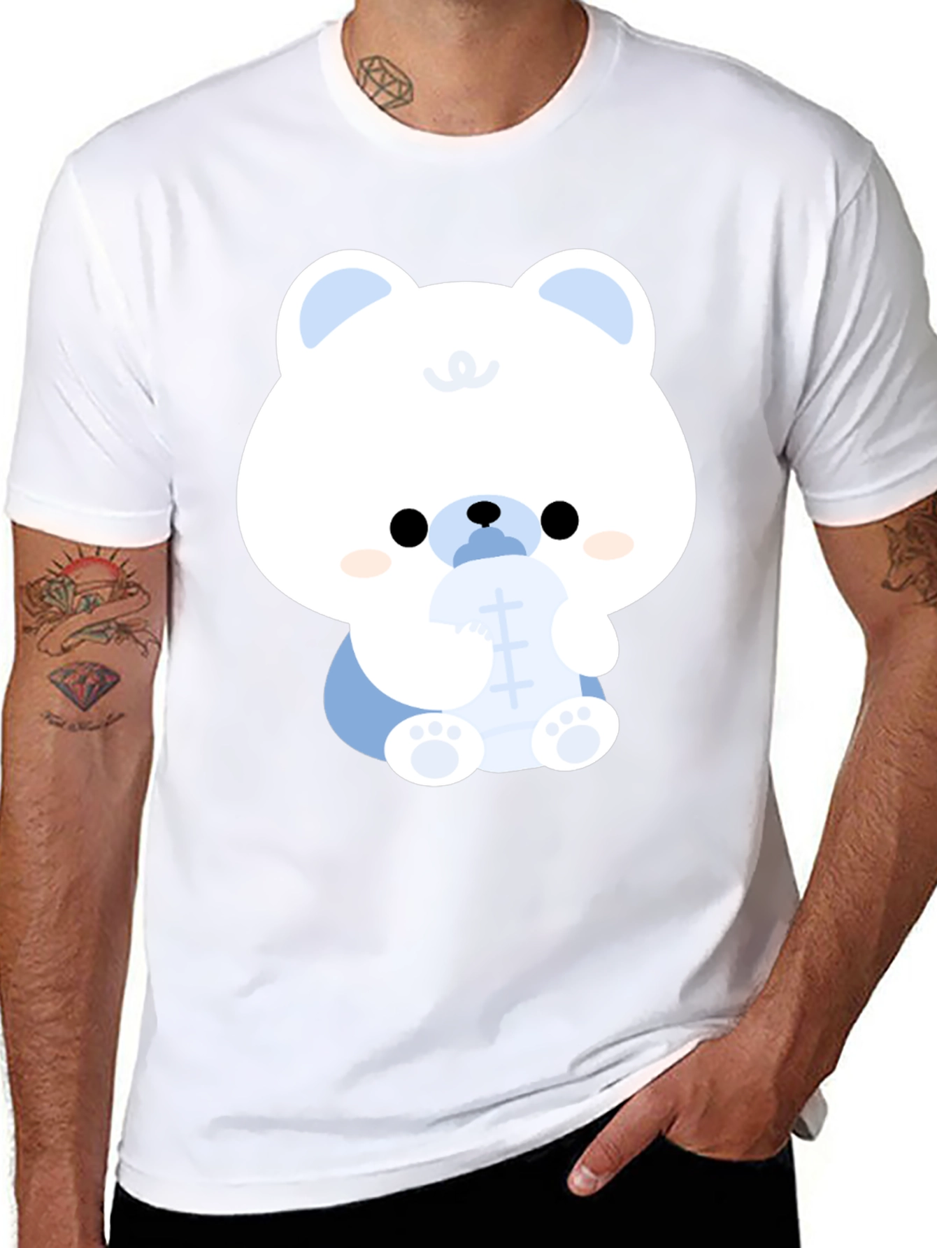 Black Cute Cartoon Bear Black T-Shirt view 8