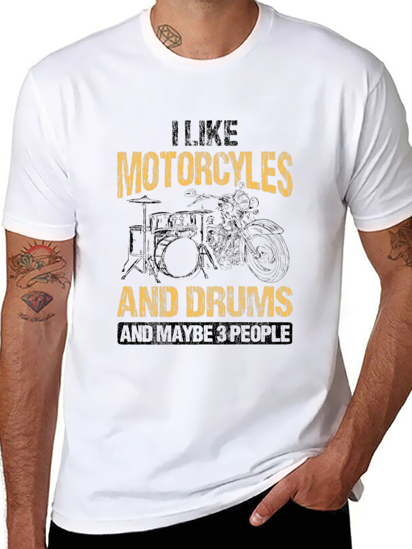 Black I Like Motorcycles, Drums, & Maybe 3 People T-Shirt view 8