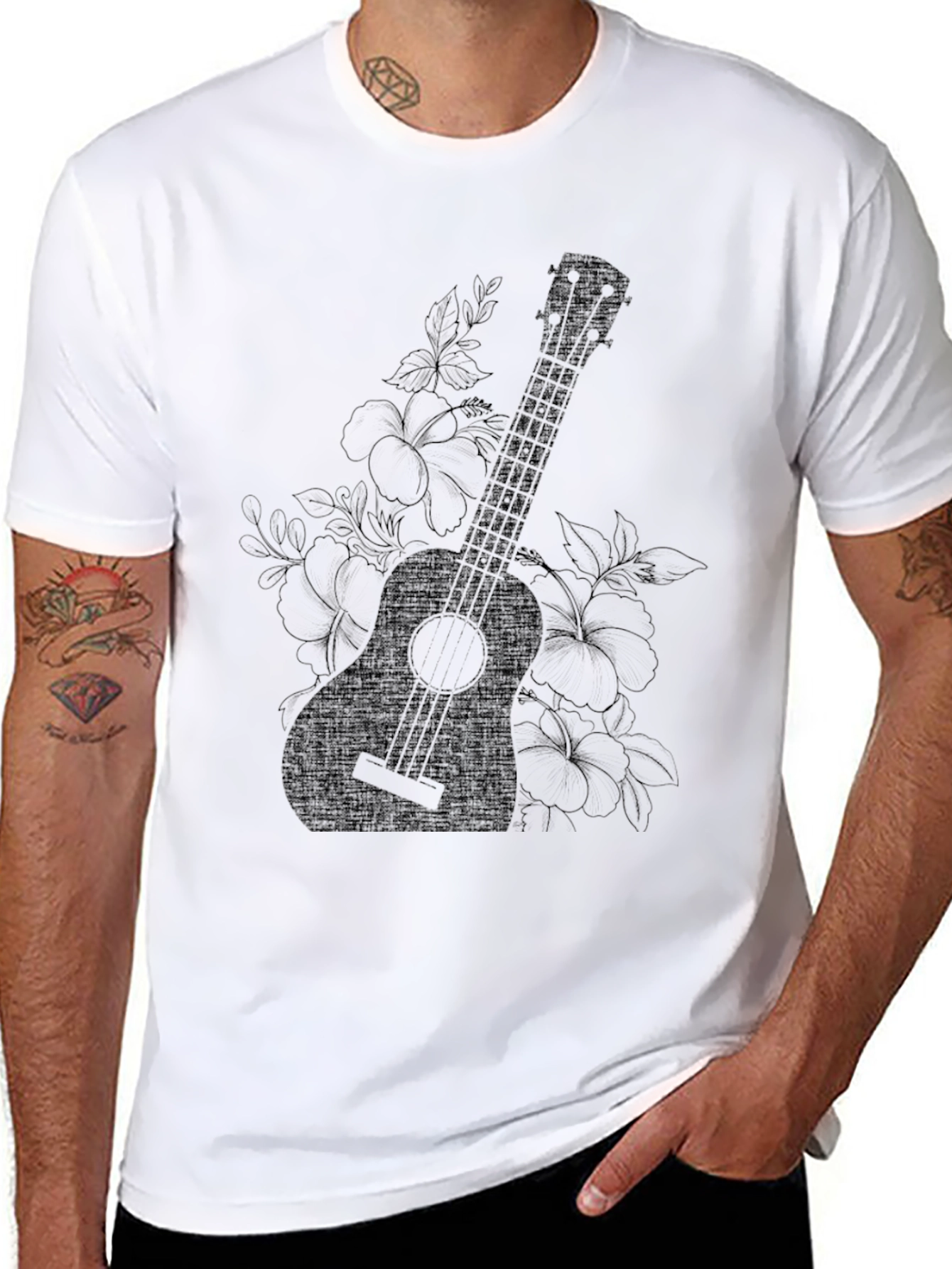 Black Floral Ukulele Graphic Tee - Black Comfort Fit T-Shirt view 8