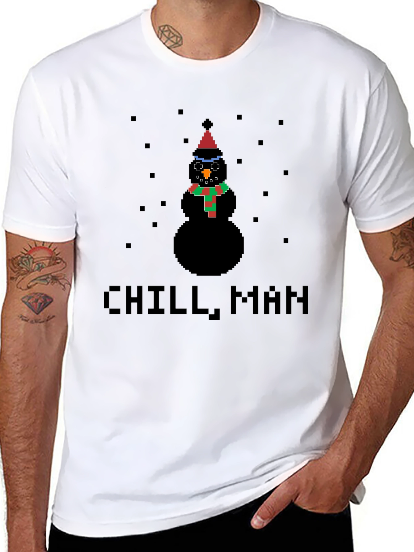 Black Pixel Snowman Chill Man Black T-Shirt view 8