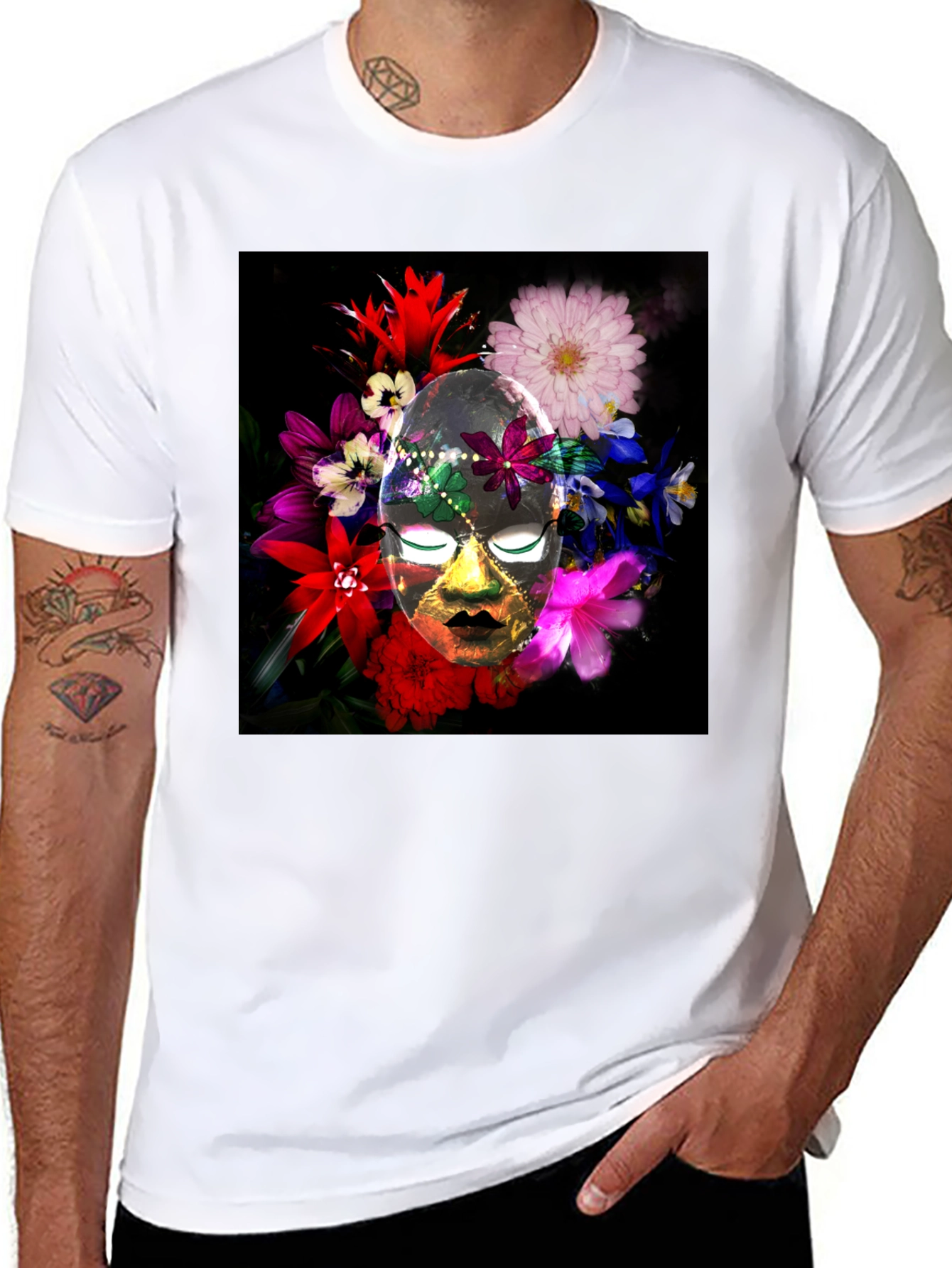 Black Floral Mask Graphic Tee - Black Cotton Blend view 8