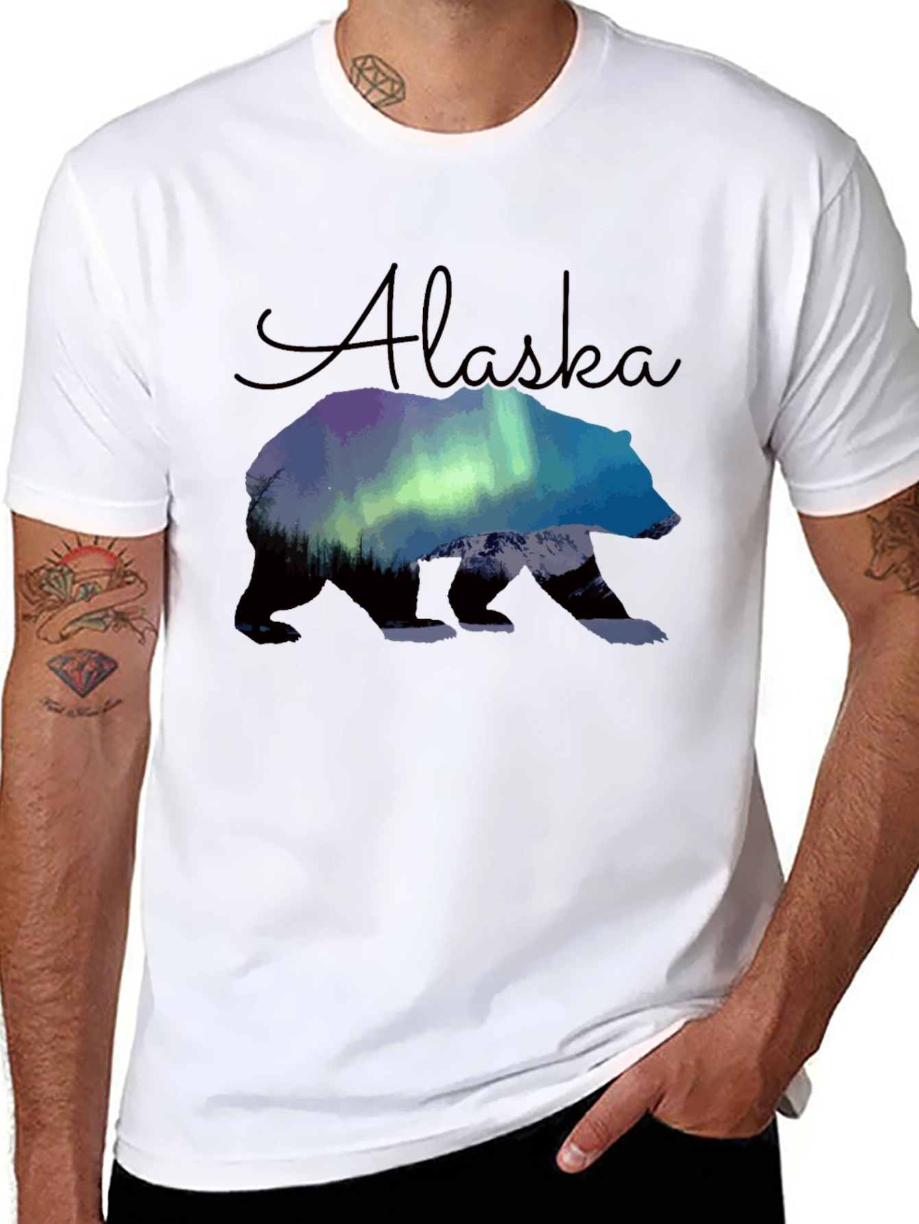 Black Alaska Bear Northern Lights Graphic T-Shirt view 8