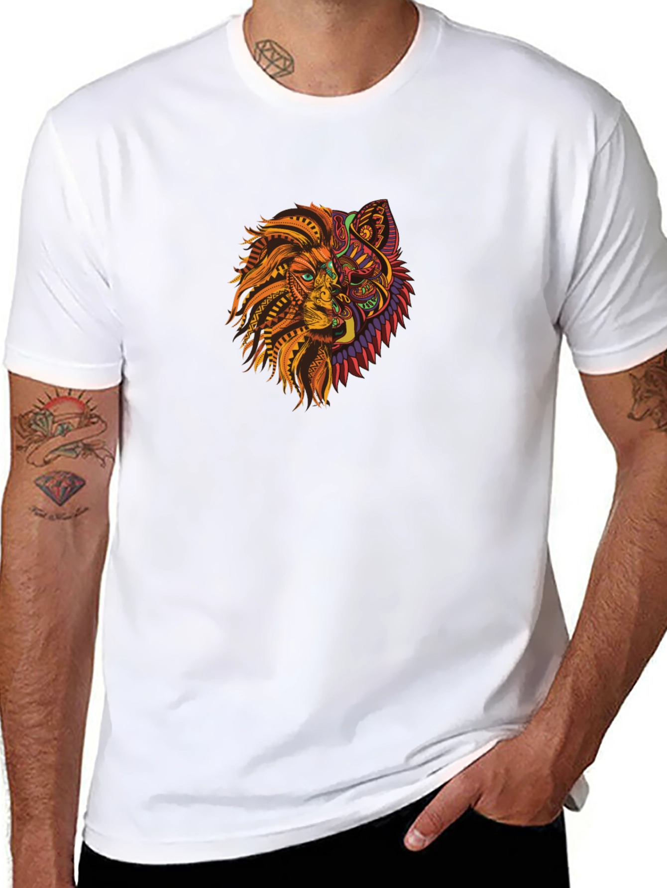 Black Tribal Lion Wolf Graphic Black T-Shirt view 8