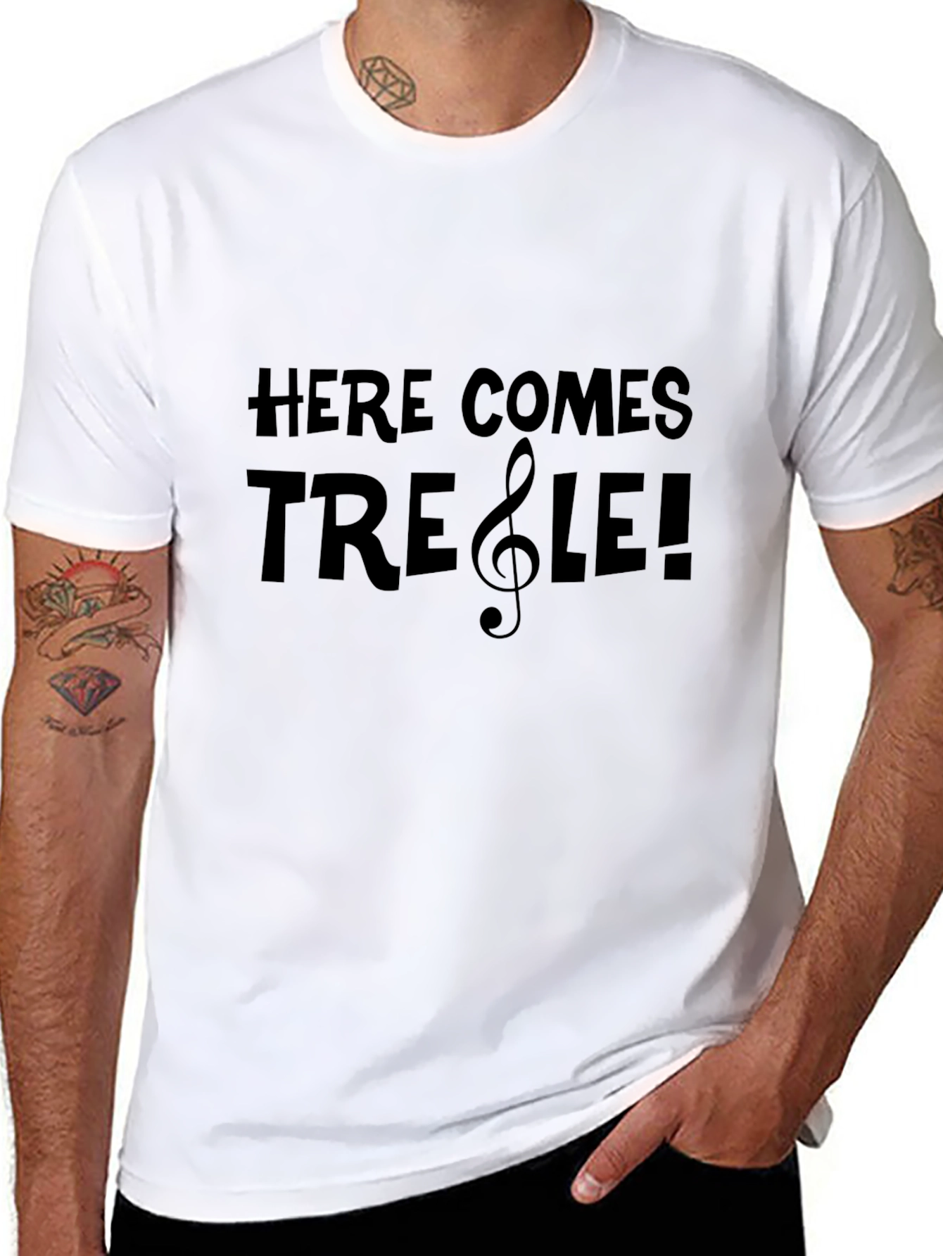 Black Here Comes Treble! Music Pun T-Shirt view 8