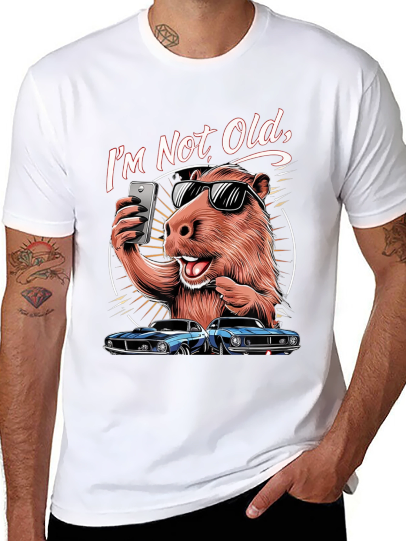 Black I'm Not Old T-Shirt: Capybara Selfie & Classic Car Design view 8