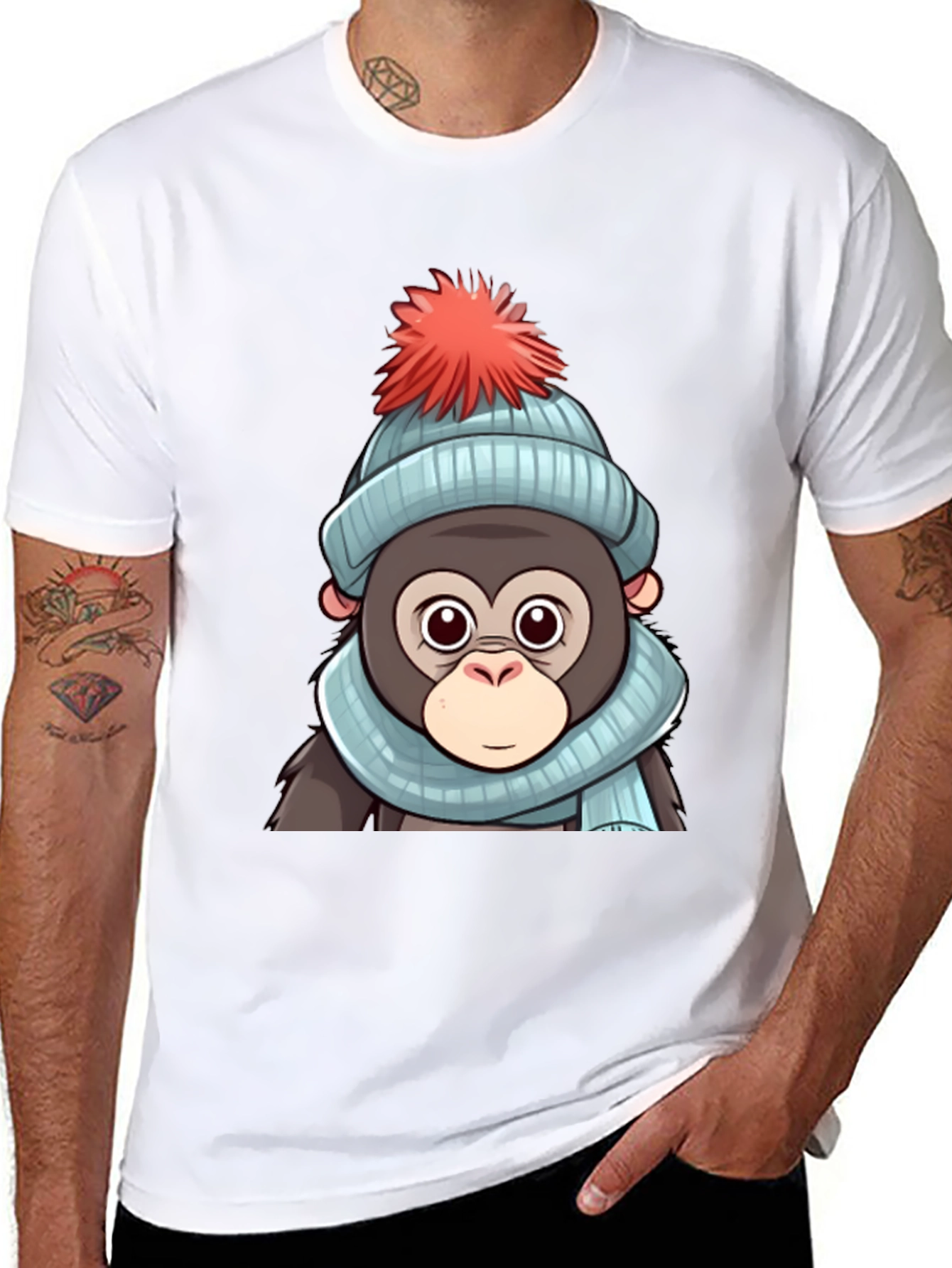 Black Cute Cartoon Monkey in Winter Hat T-Shirt view 8