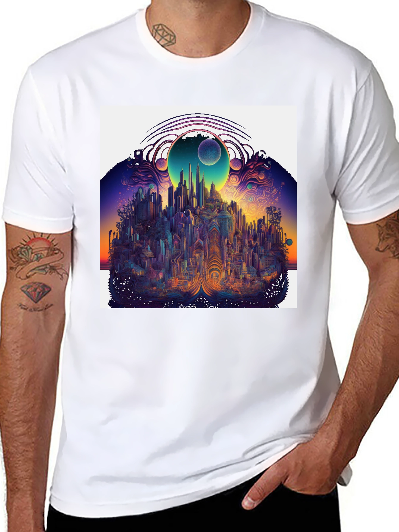 Black Surreal Cityscape Graphic Tee - Unique Black T-Shirt view 8
