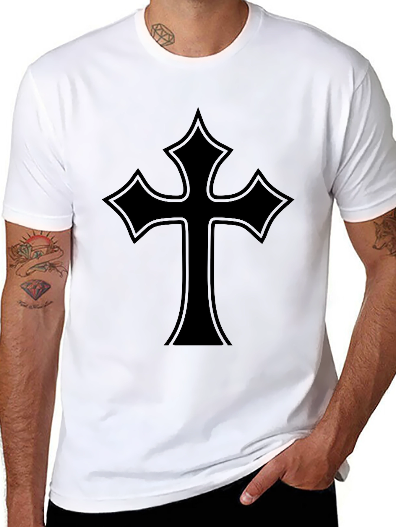 Black Men's Black T-Shirt with Gothic Cross Design view 8