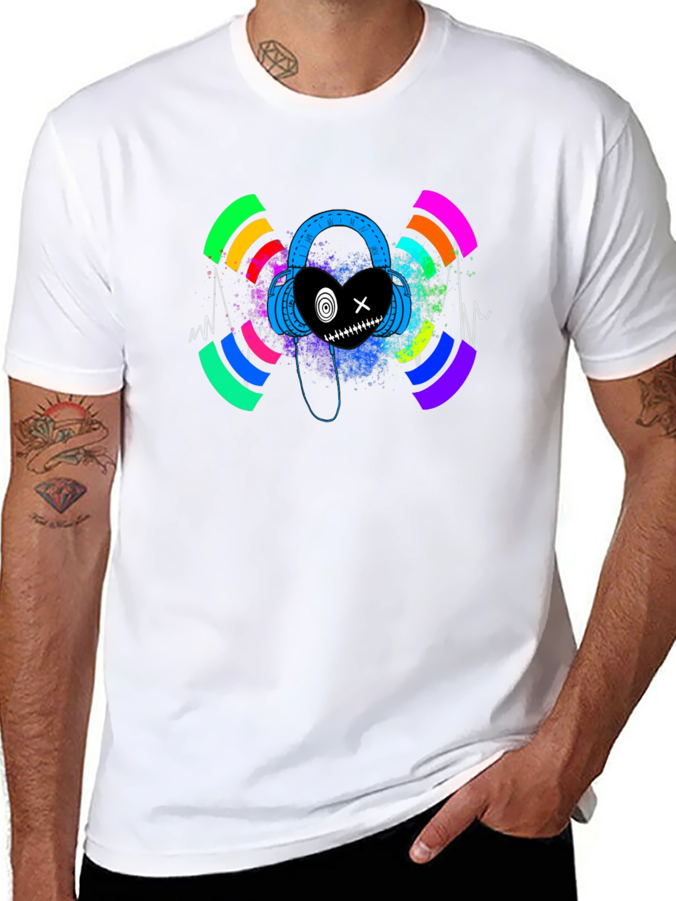 Black Headphones Heart Graphic Black T-Shirt view 8