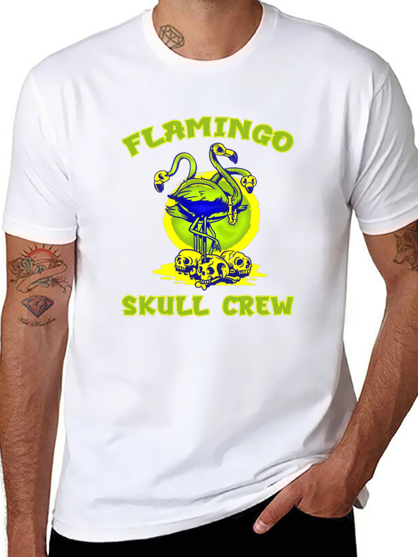 Black Flamingo Skull Crew Graphic Tee - Bold & Unique! view 8