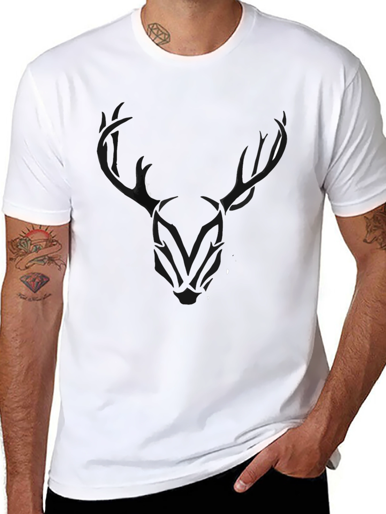 Black Men's Black T-Shirt with Stylized Deer Head Graphic view 8