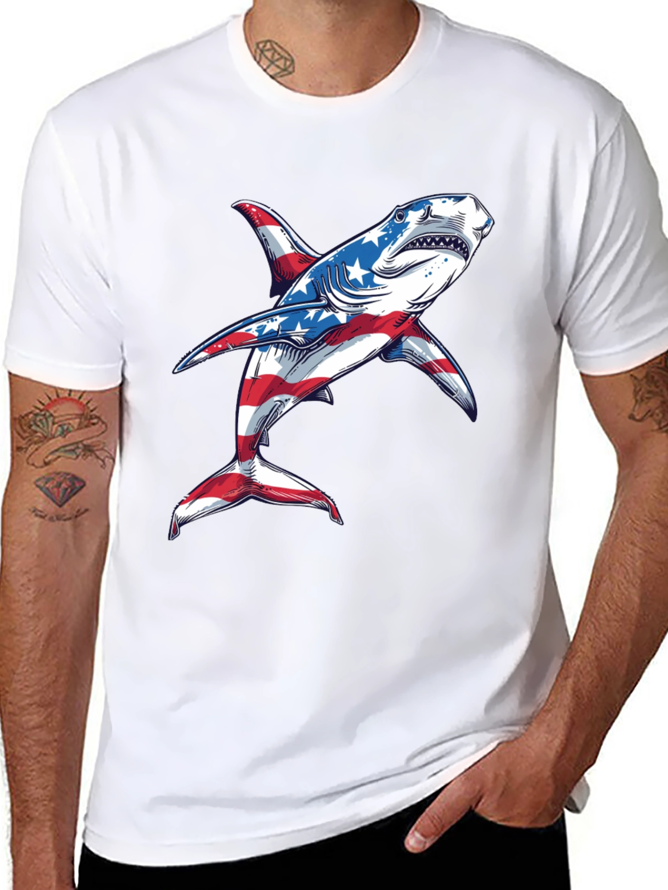 Black American Flag Shark Graphic Tee view 8