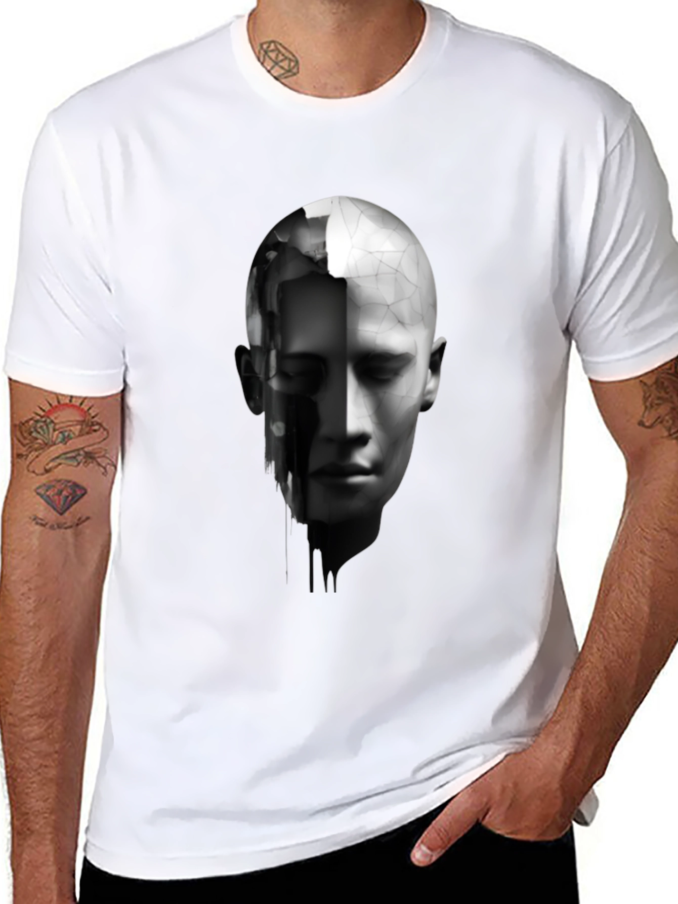 Black Abstract Human Face Graphic Print Black T-Shirt view 8