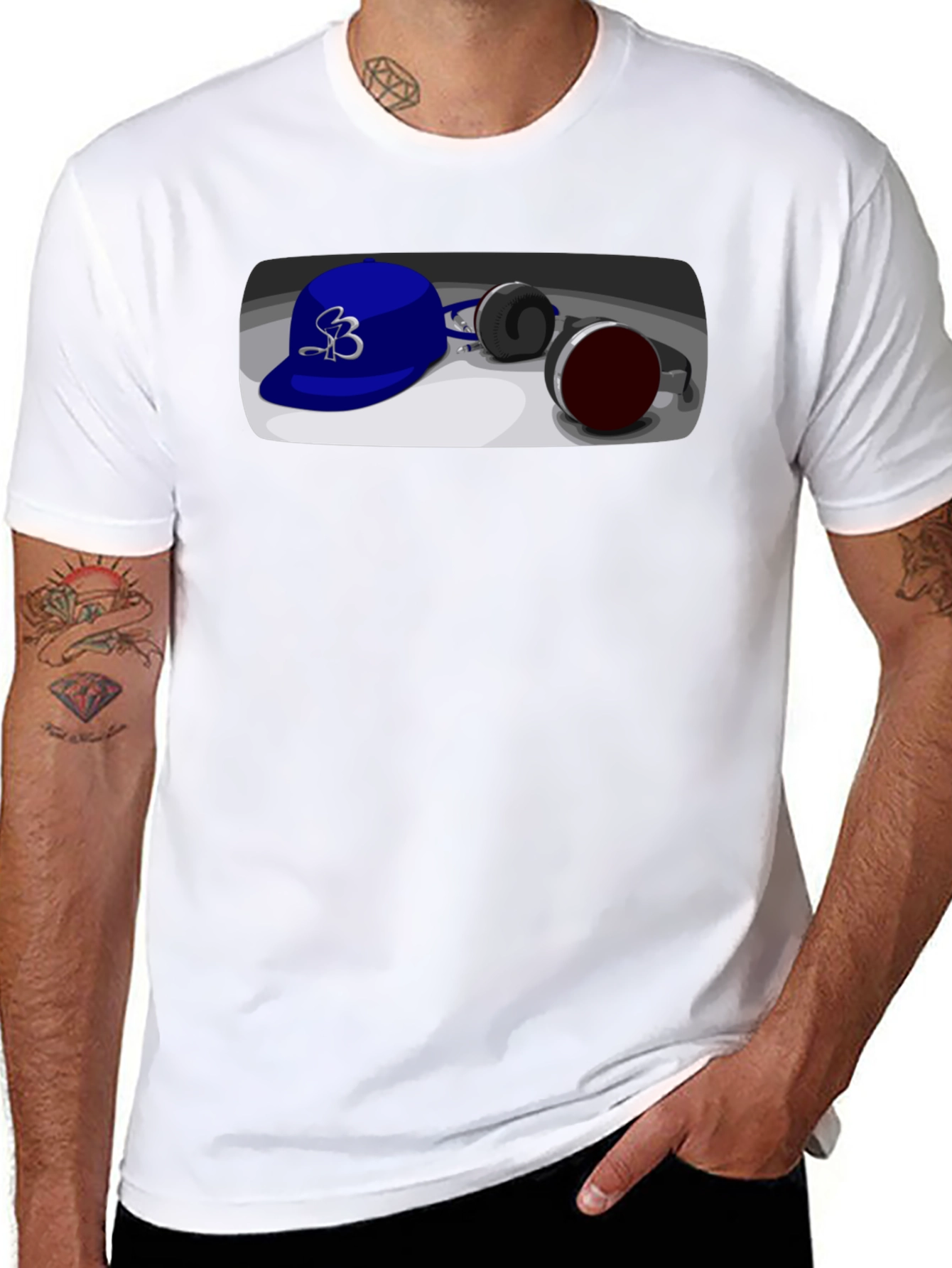 Black Cool Cartoon Blue Hat and Headphones Graphic Tee view 8