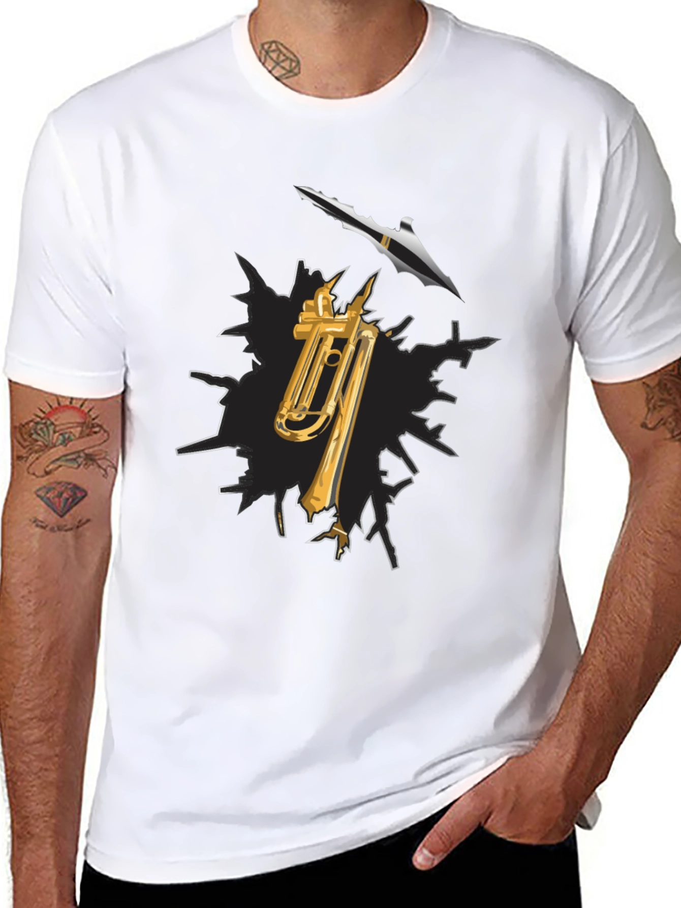 Black Trumpet and Spear Graphic Black T-Shirt view 8