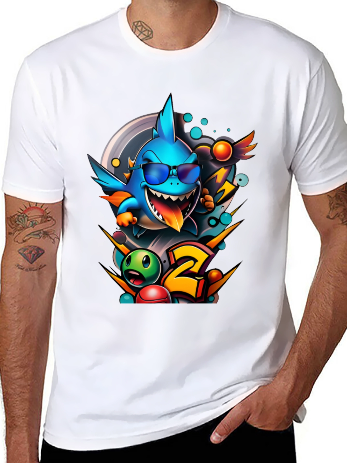 Black Cool Shark Cartoon Graphic Print T-Shirt view 8