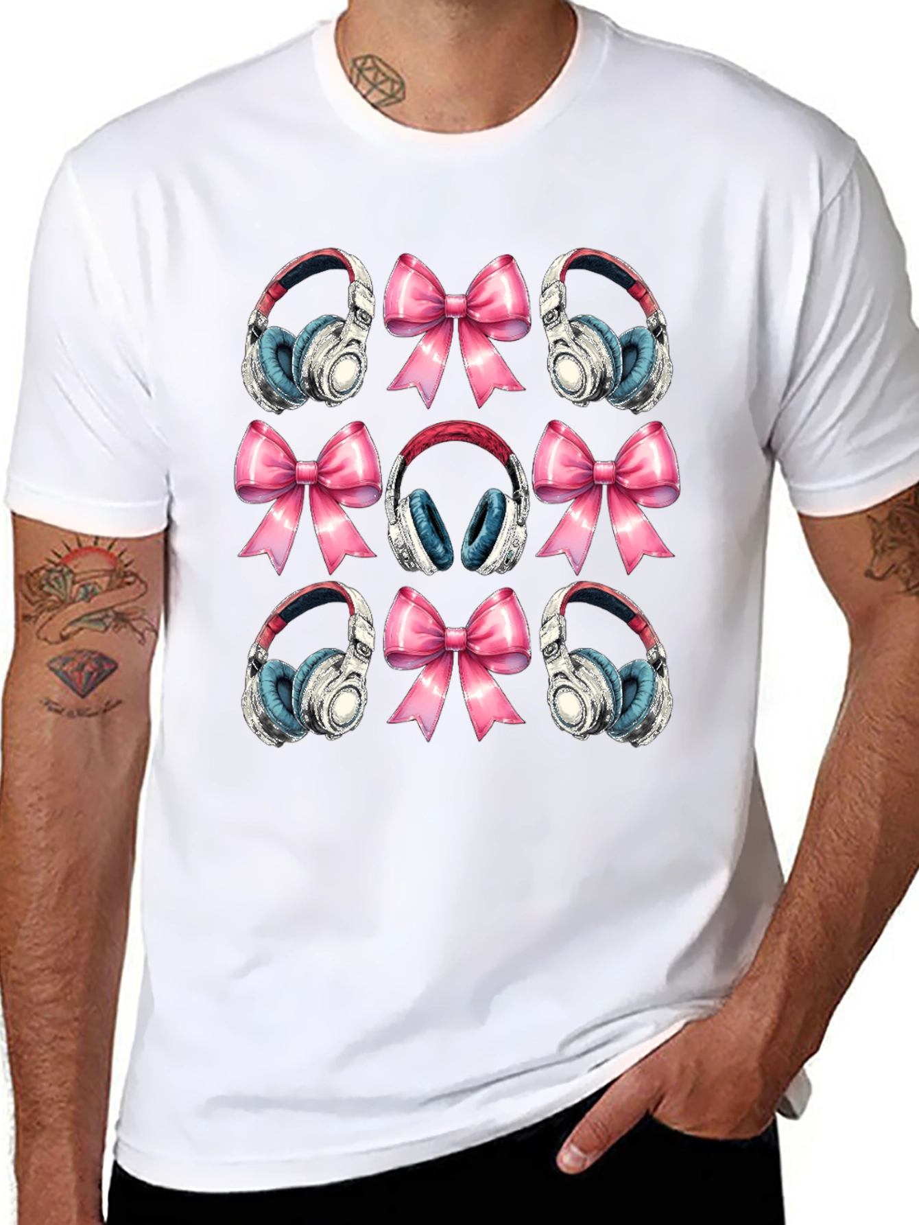 Black Headphones & Bows Graphic T-Shirt - Music Lover Tee view 8