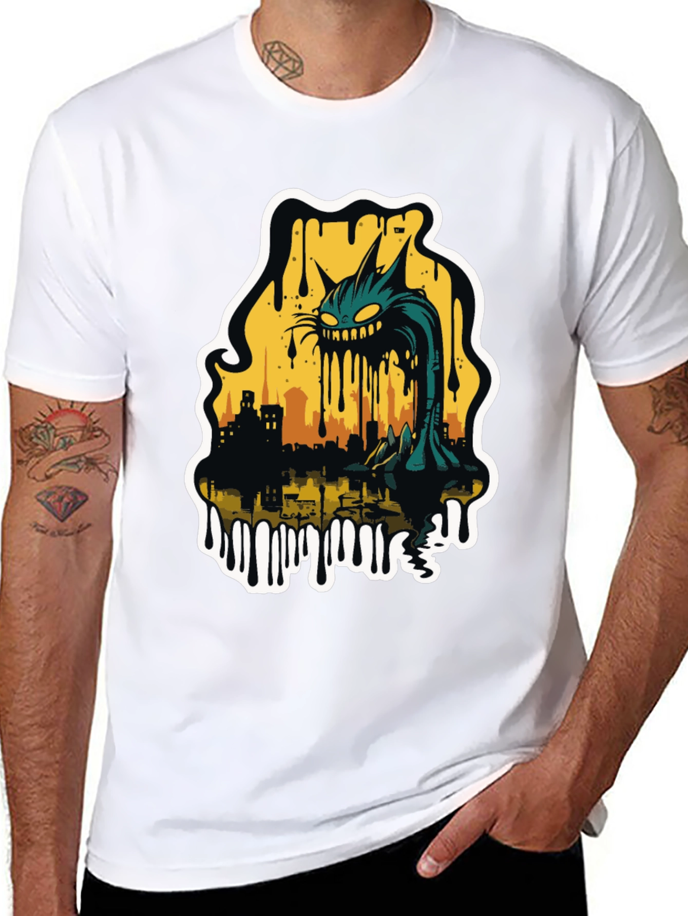 Black Monster Cat Cityscape Graphic Tee - Black view 8