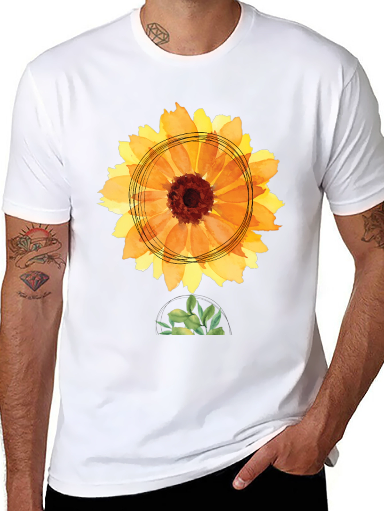 Black Sunflower Watercolor Graphic Tee - Black Cotton T-Shirt view 8