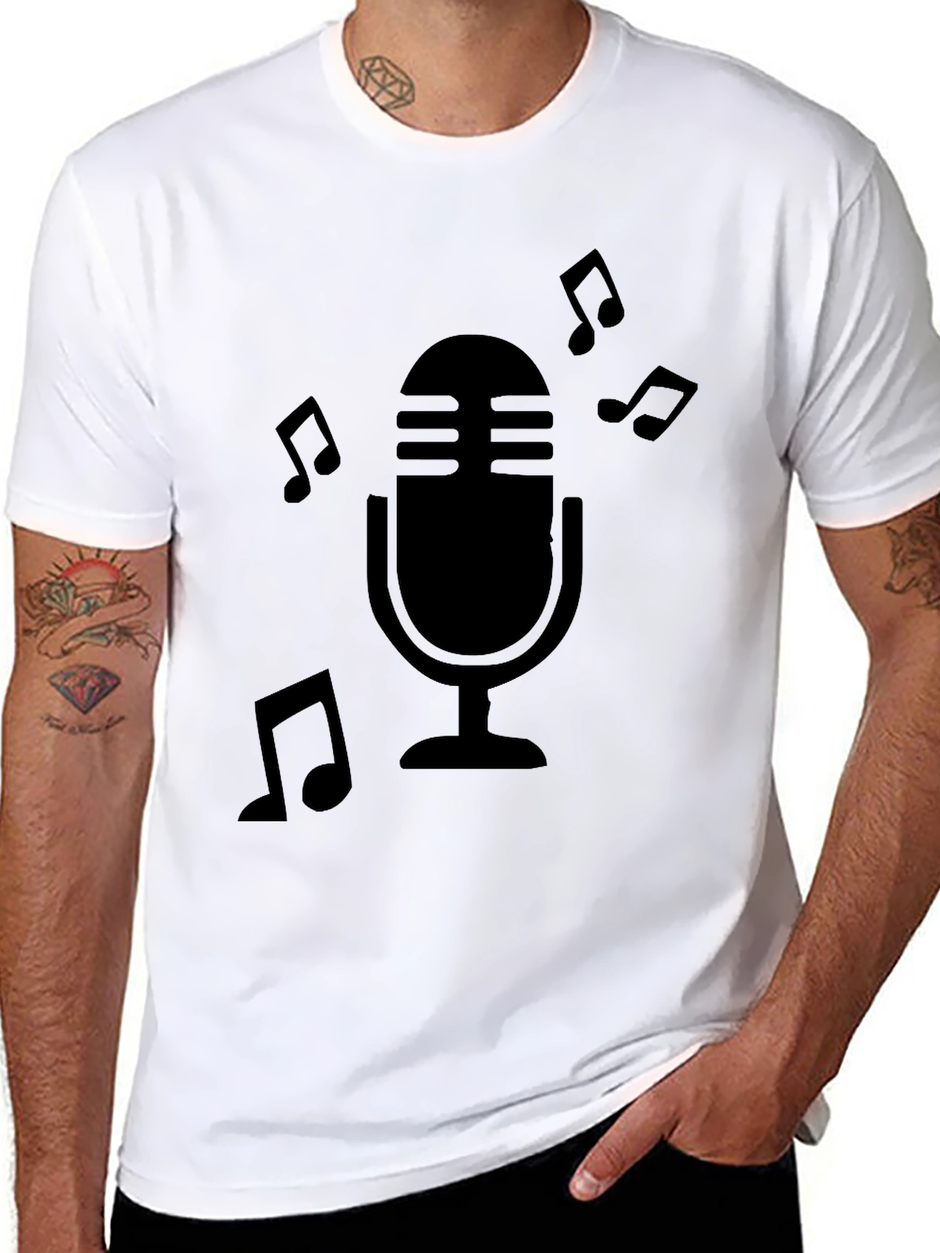 Black Retro Microphone Music Notes Graphic T-Shirt view 8