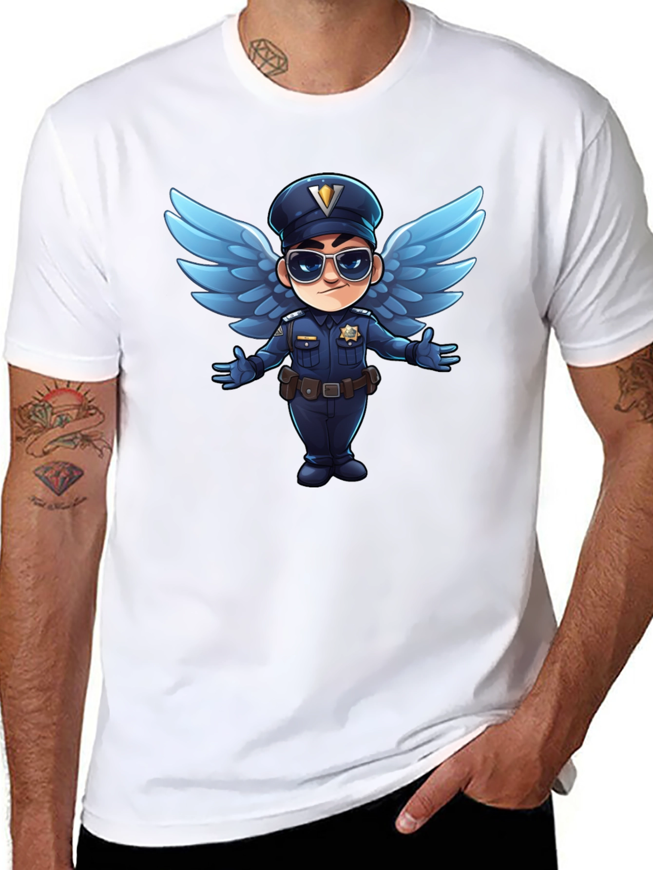 Black Cartoon Angel Cop T-Shirt - Black view 8