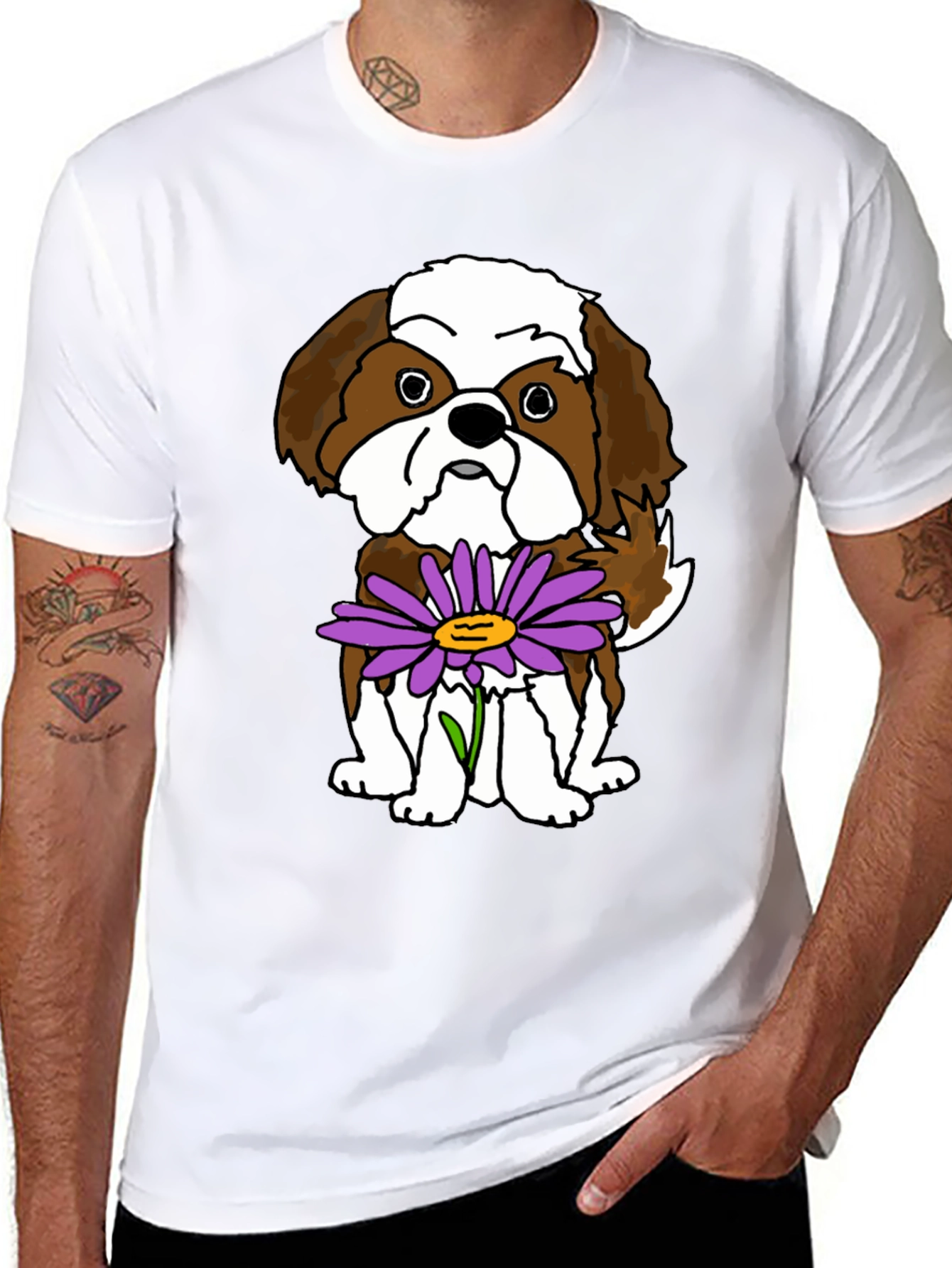 Black Cute Shih Tzu Dog with Flower Graphic T-Shirt view 8