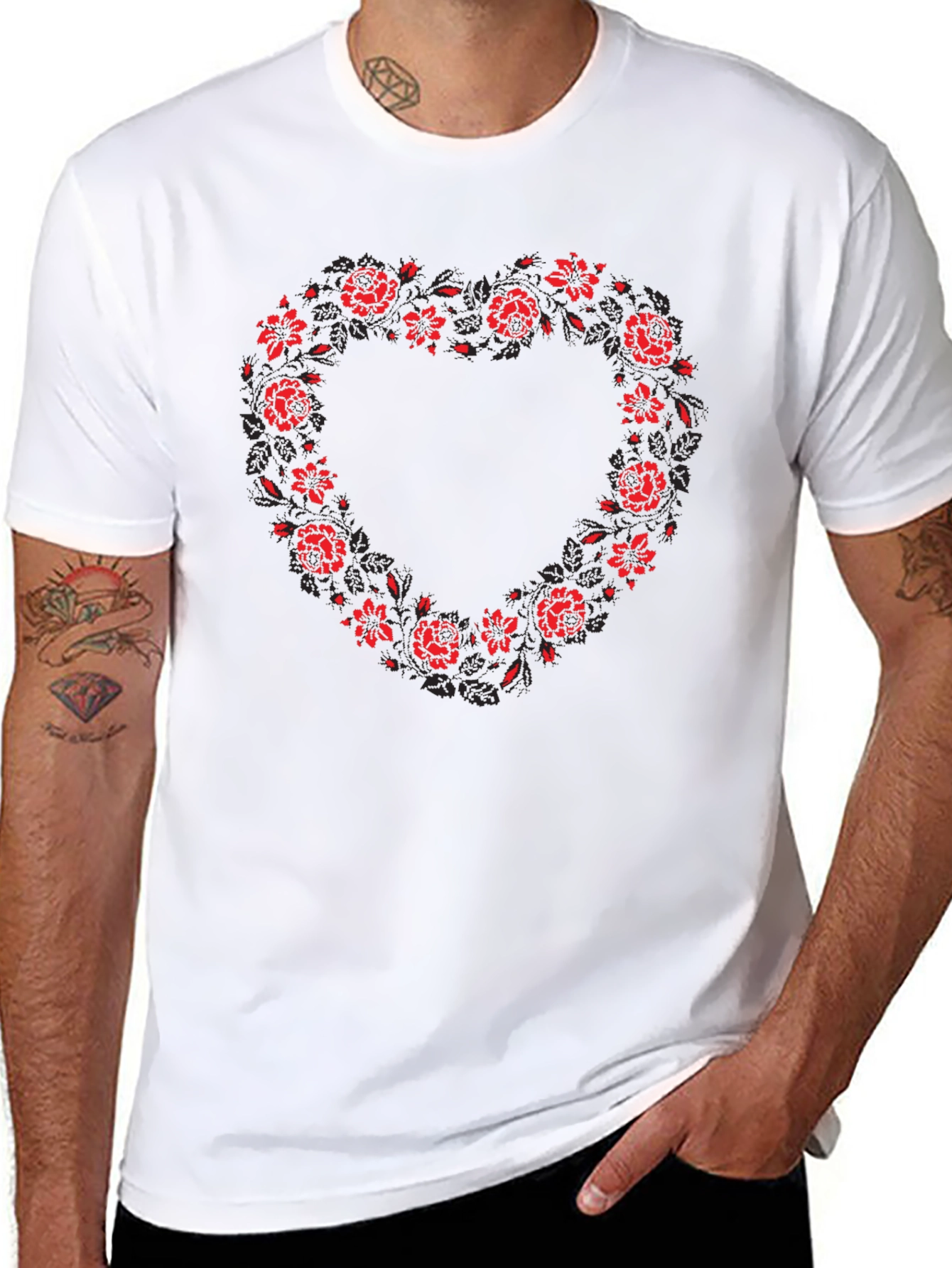 Black Floral Heart Graphic Print Men's T-Shirt view 8