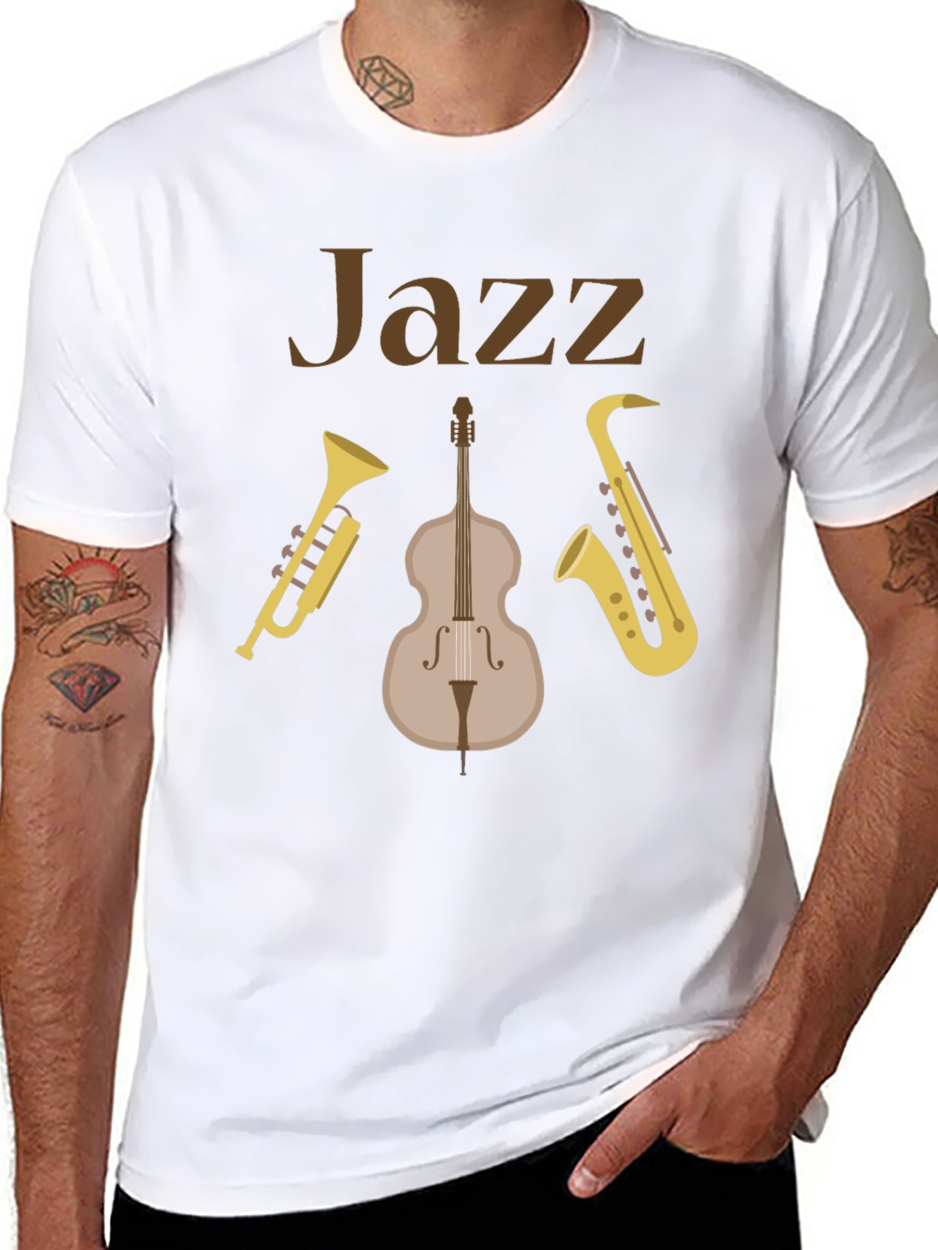 Black Jazz Music Instrument T-Shirt - Trumpet, Bass, Saxophone view 8