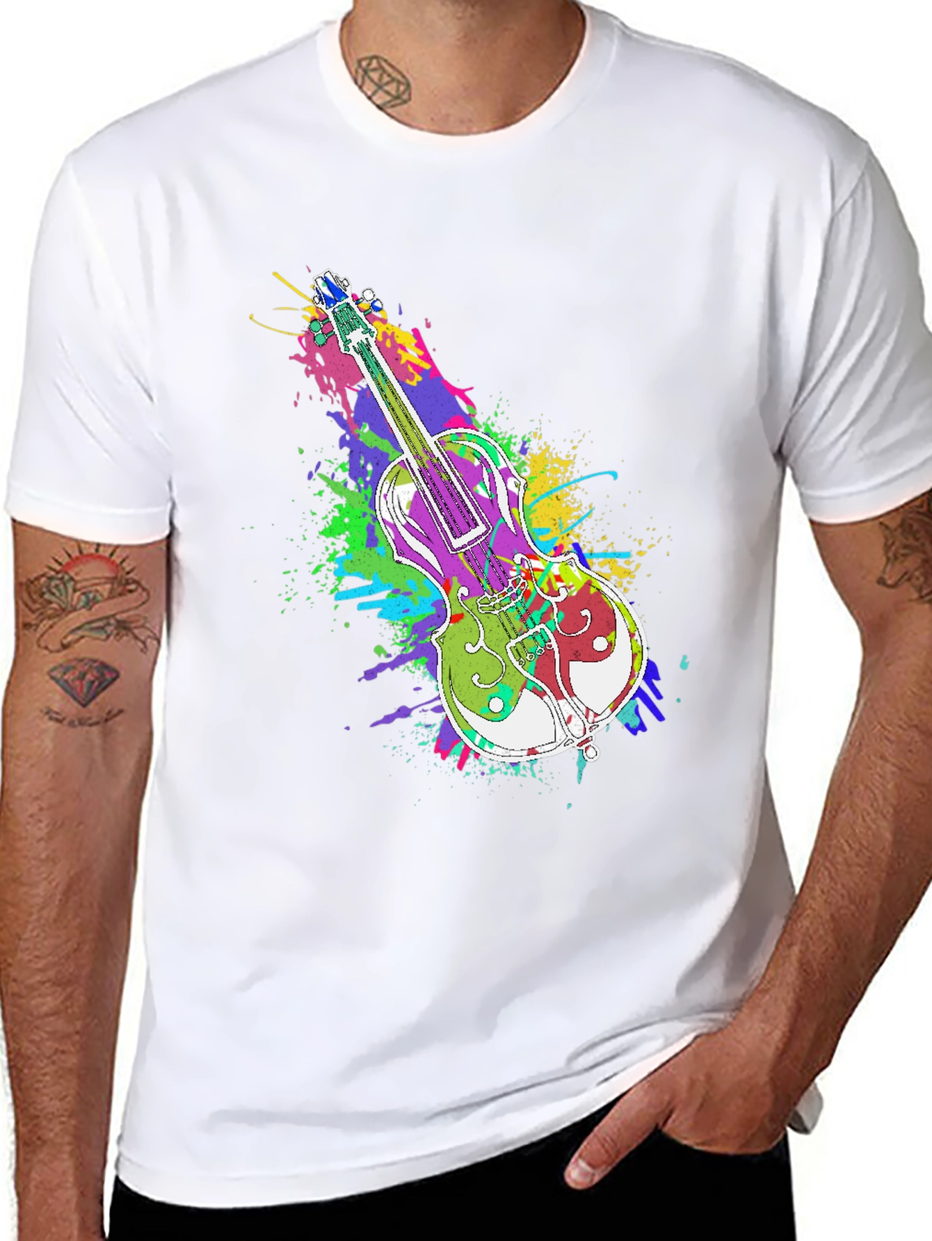 Black Colorful Violin Splatter Print T-Shirt - Unique Music Design view 8