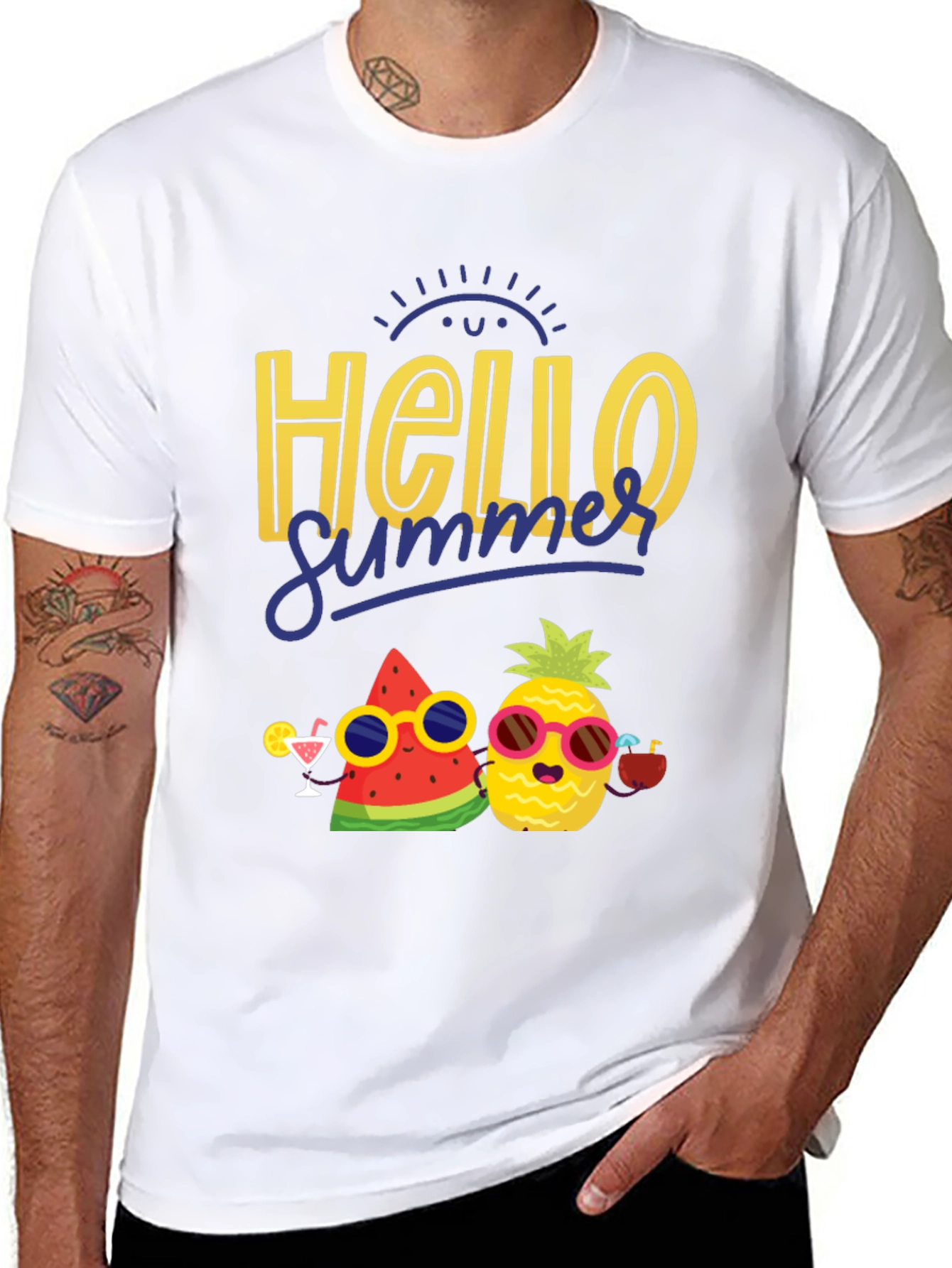 Black Hello Summer Graphic T-Shirt: Pineapple & Watermelon view 8