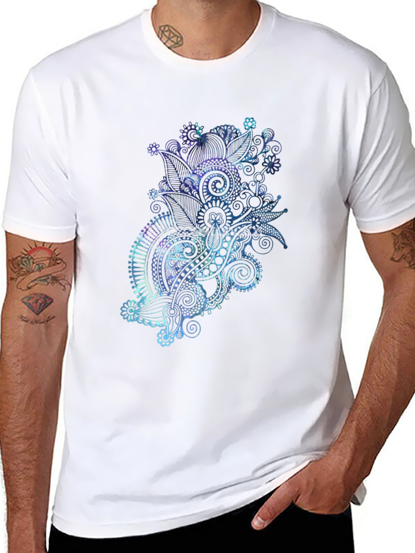Men's Black T-Shirt with Abstract Floral Design - 8
