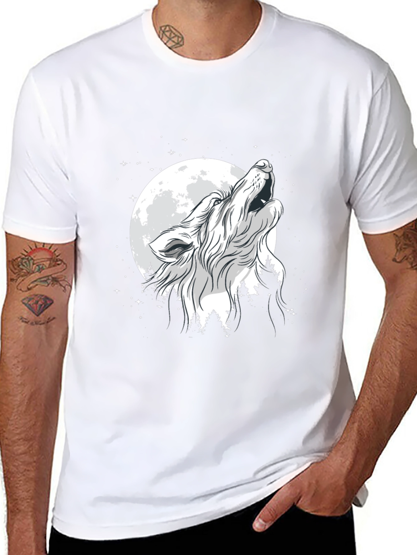 Black Wolf Howling at Moon Graphic Black T-Shirt view 8