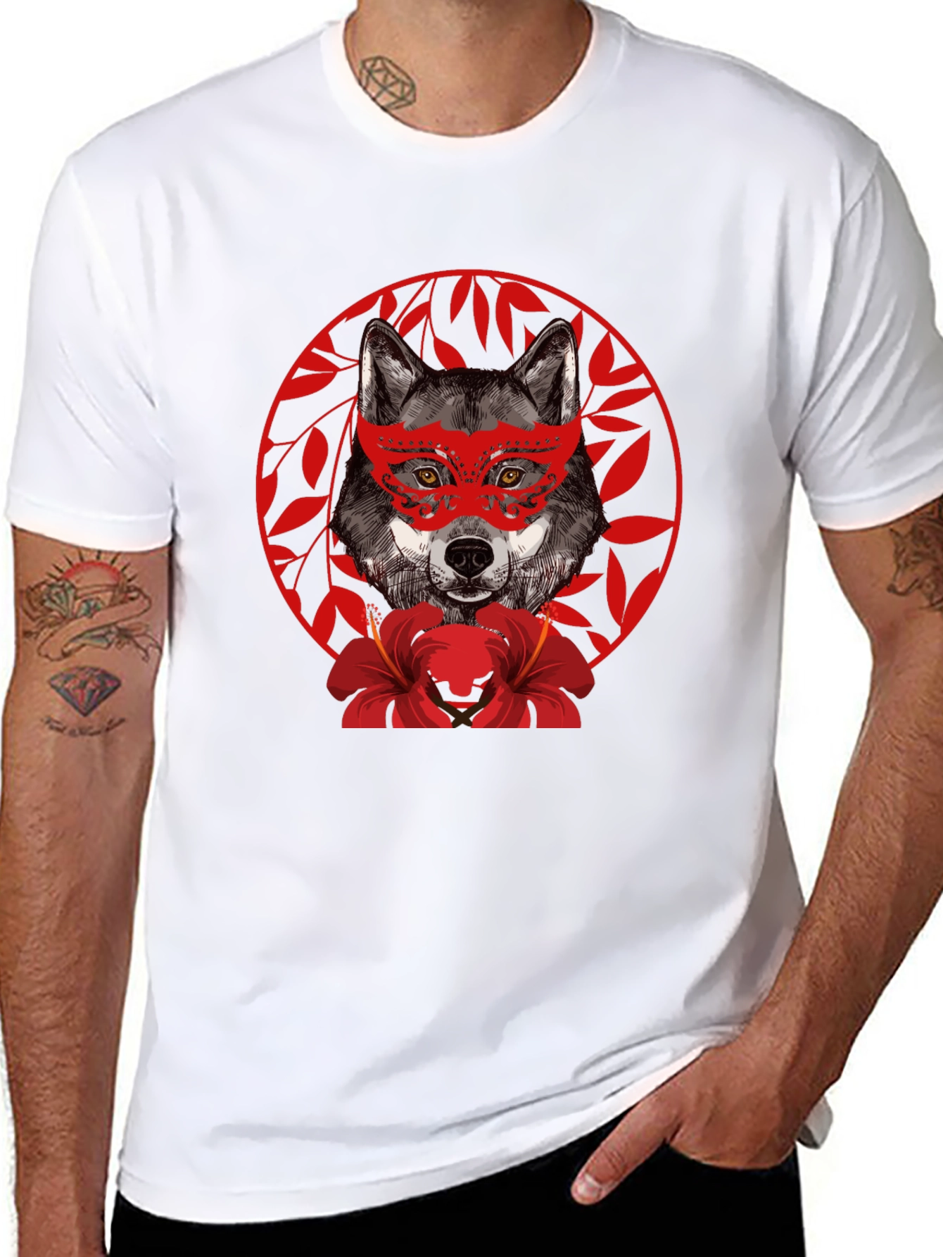 Black Wolf Masquerade Graphic Tee - Unique Animal Print T-Shirt view 8