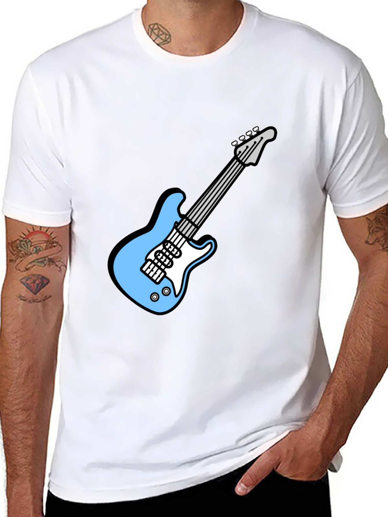 Black Cool Electric Guitar Graphic Tee - Black Cotton T-Shirt view 8