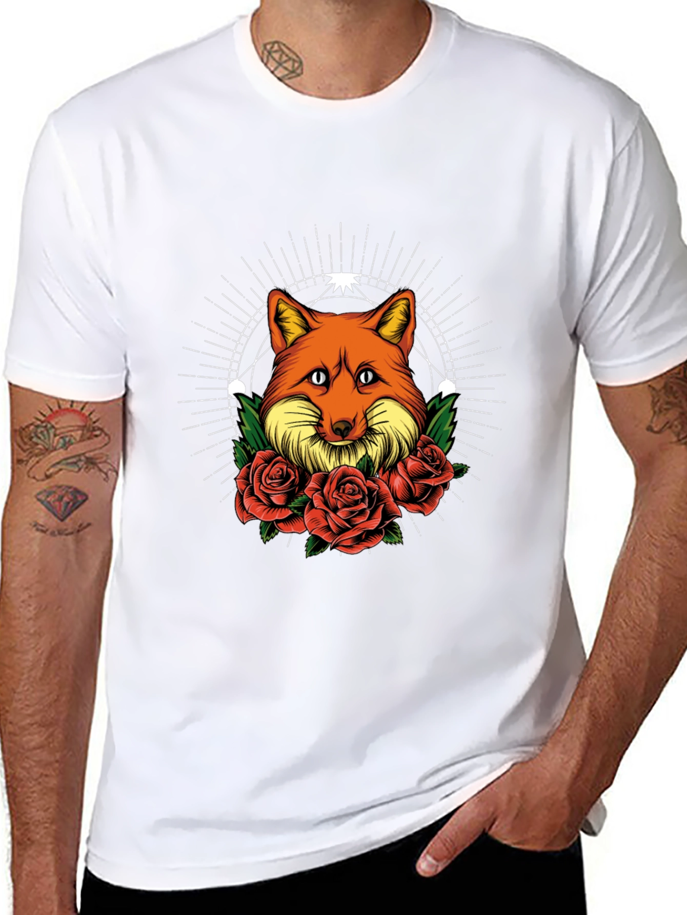 Black Fox & Roses Graphic Print Tee - Stylish Men's Black T-Shirt view 8