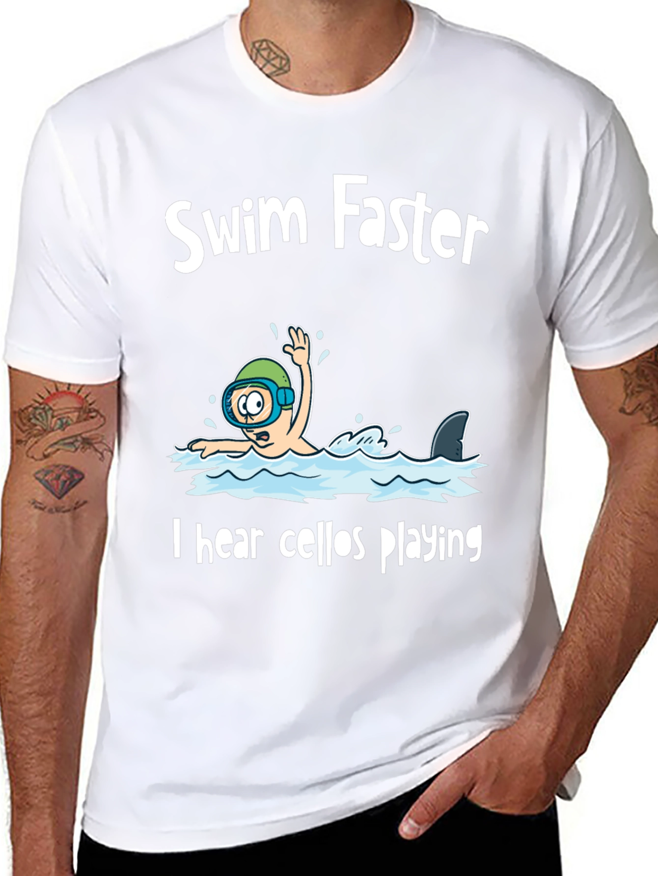 Black Swim Faster Shark Humor Graphic Tee view 8